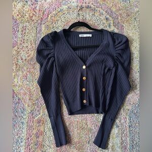 Zara EUC Navy Ribbed Crop Cardigan with Puff Shoulders and Gold Buttons small